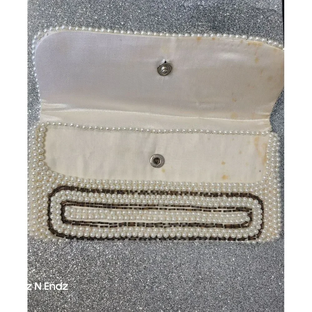 Vintage Beaded White Pearl Evening Clutch Purse With Snap‎ Closure